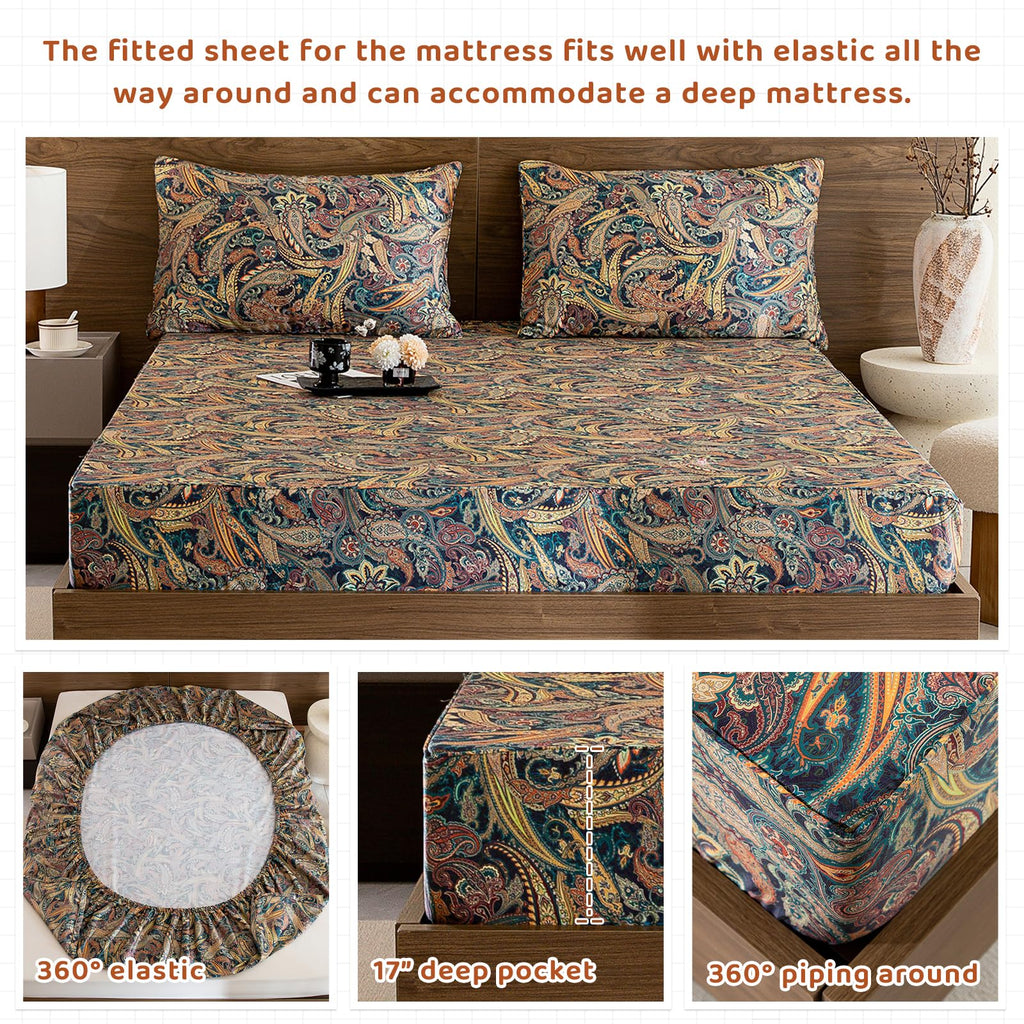 Boho Bed Sheets Queen Size - 100% Egyptian Cotton Sheets Elegant Paisley Flower Pattern Printed Bedding Sheets Queen