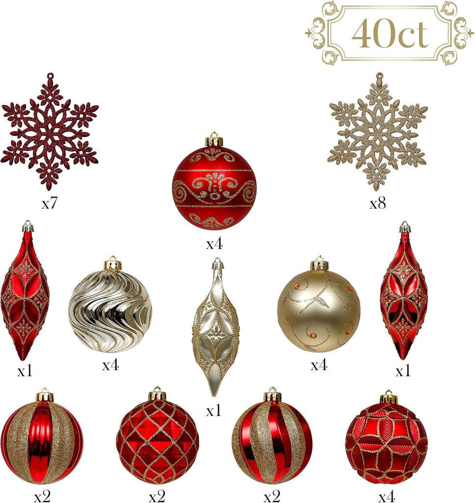 Christmas Tree Decorations Set, 40ct Red and Gold Shatterproof Christmas Ball Ornaments Bulk, Luxury Hanging