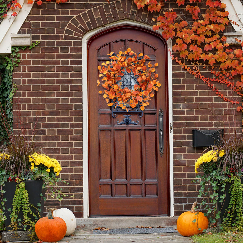 Fall Wreath 20'' Autumn Harvest Wreath with Eucalyptus Berries, Silk Orange Leaves, Cape Gooseberries for Outside
