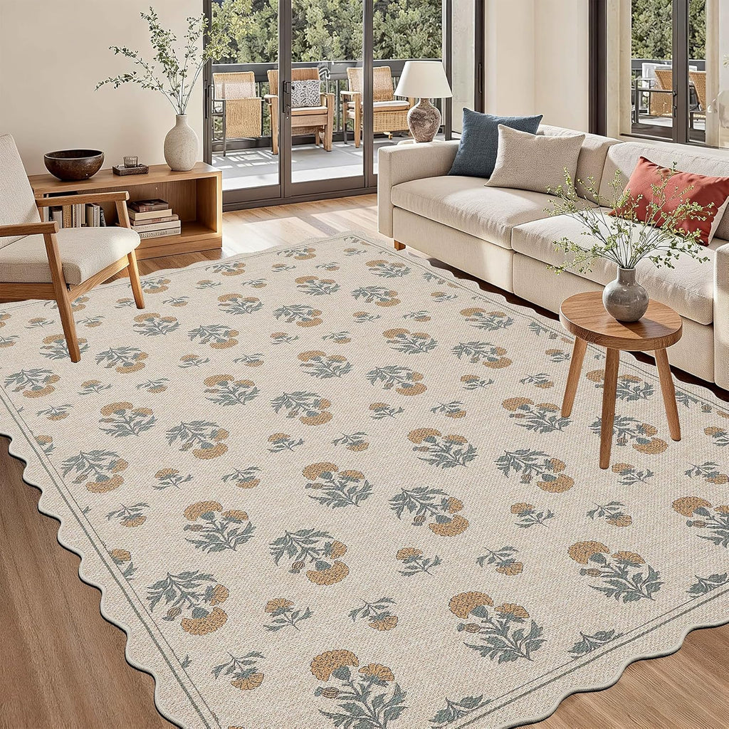 Scalloped Easy Jute 5x7 Area Rug Vintage Yellow Floral Farmhouse Washable Rug Non-Slip Indoor Outdoo