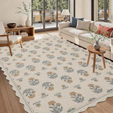 Scalloped Easy Jute 5x7 Area Rug Vintage Yellow Floral Farmhouse Washable Rug Non-Slip Indoor Outdoo