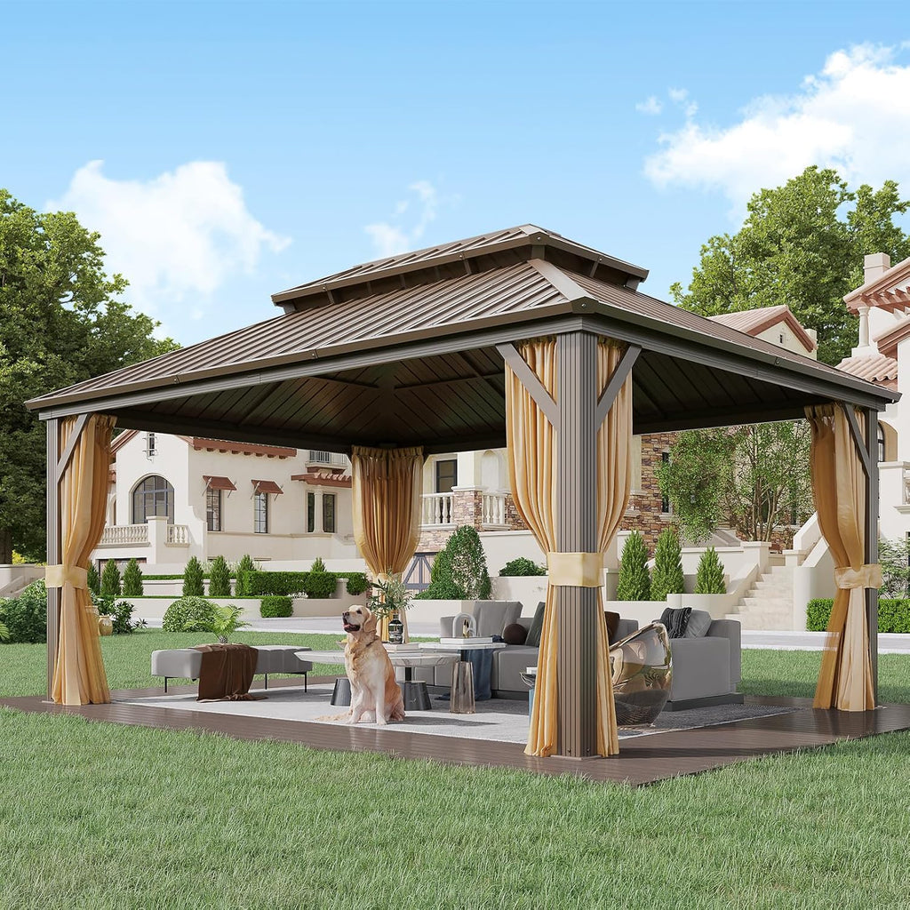 12' x 16' Gazebo Hardtop with Aluminum Frame,Galvanized Steel Double Roof Gazebos with Curtain and