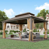 12' x 16' Gazebo Hardtop with Aluminum Frame,Galvanized Steel Double Roof Gazebos with Curtain and