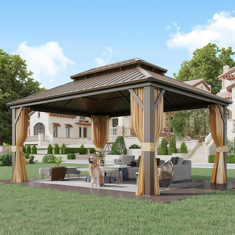 12' x 16' Gazebo Hardtop with Aluminum Frame,Galvanized Steel Double Roof Gazebos with Curtain and