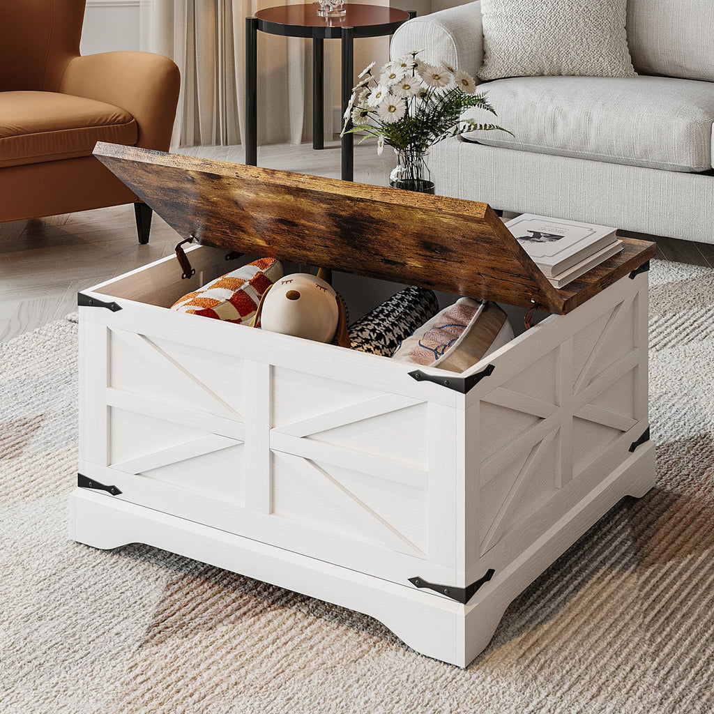 Farmhouse Coffee Table with Storage, Square Coffee Tables, Rustic Wood Center Table with Hinged Lifting Tabletop