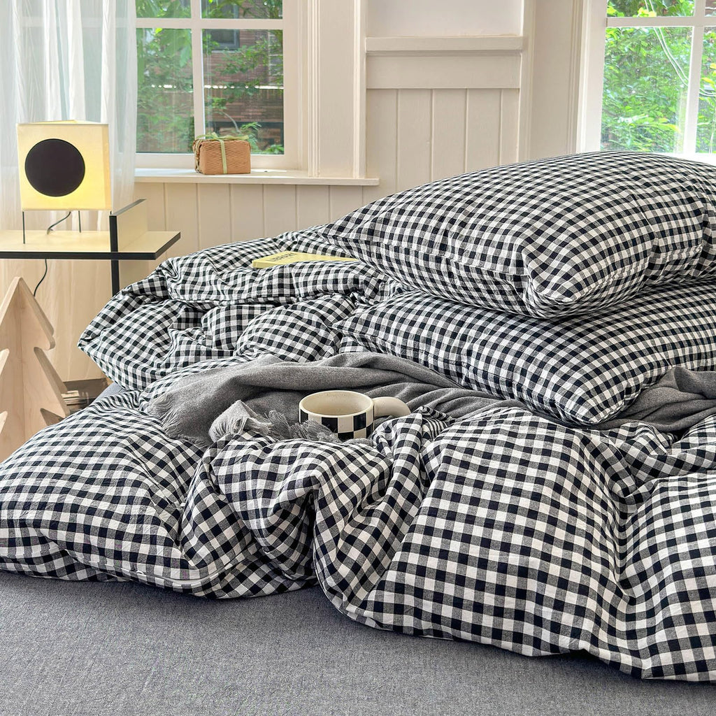 Black Gingham Comforter Full Size Boho Plaid Checkered Pattern Comforter Geometric Grid Plaid Printed Bedding