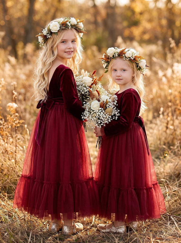 Velvet Fall Winter Dress Backless Flower Girl Dress Formal Wedding Party Prom Christmas Maxi Gown