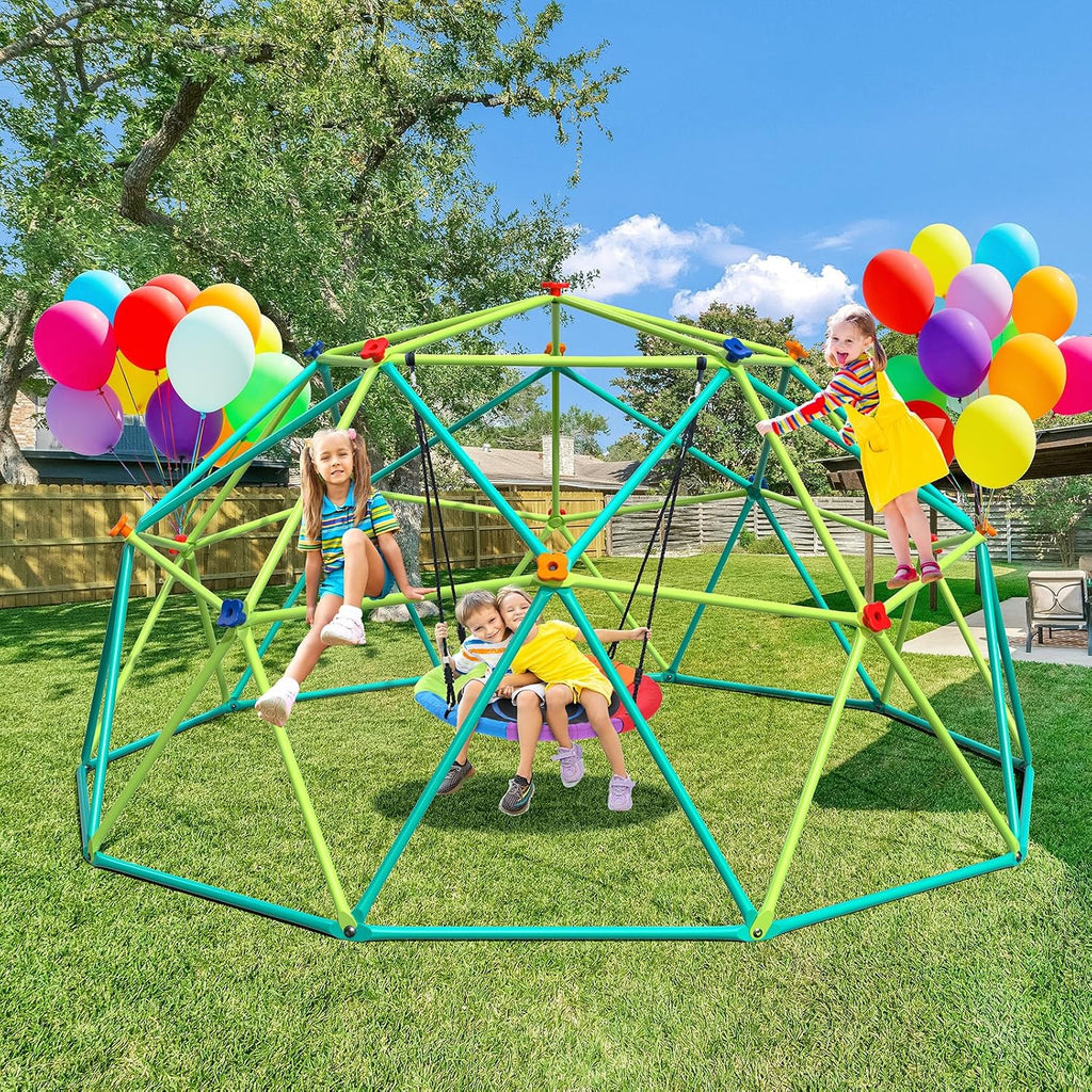 10 ft Climbing Dome Swing Set with Saucer Swing for Kids 3-12 | Jungle Gym for Kids Outdoor Backyard, Supports