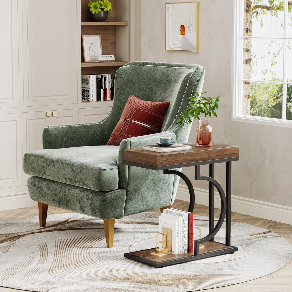 Narrow Side Table for Couch, C Shaped End Table with Metal Frame, Farmhouse Bedside Tables, Small Sofa Tables for