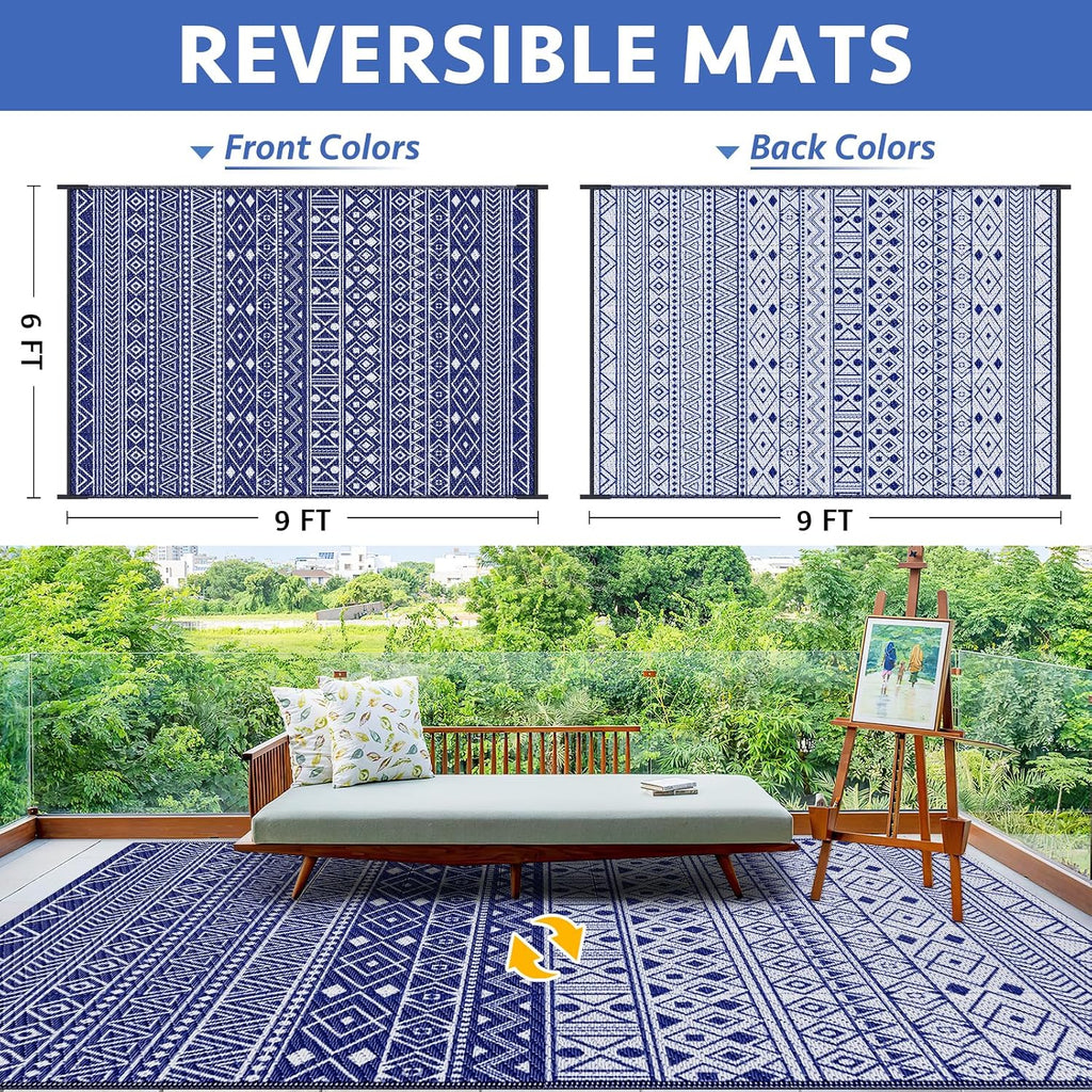 Outdoor Rug, Reversible Outdoor Plastic Straw Rugs, Blue
