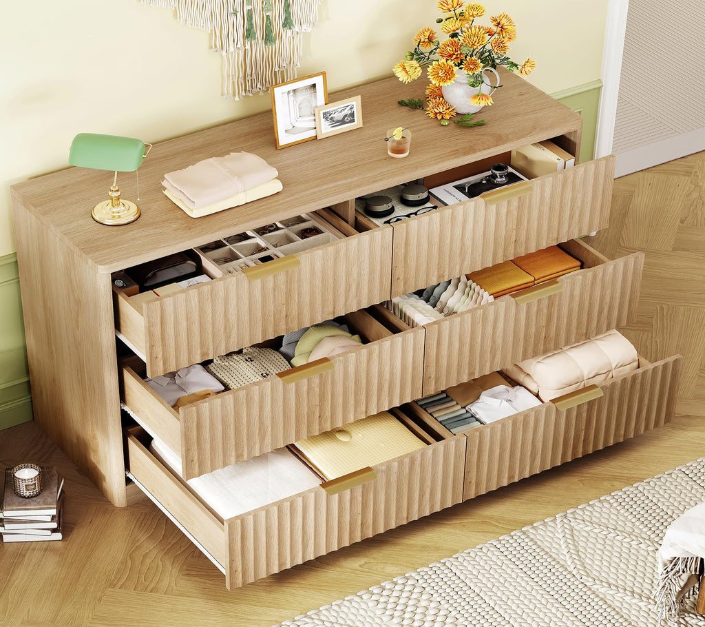 Fluted 6 Drawer Dresser, Wide Modern Chest of Drawers with Metal Handle, Curved Profile Design, Wood Closet Clothes