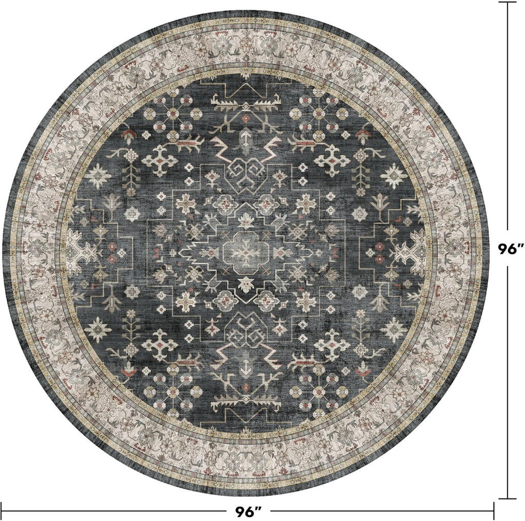 Black Boho Washable Round Rug 8ft - Large Area Rug for Living Room, Bedroom, Dining Room Low Pile No