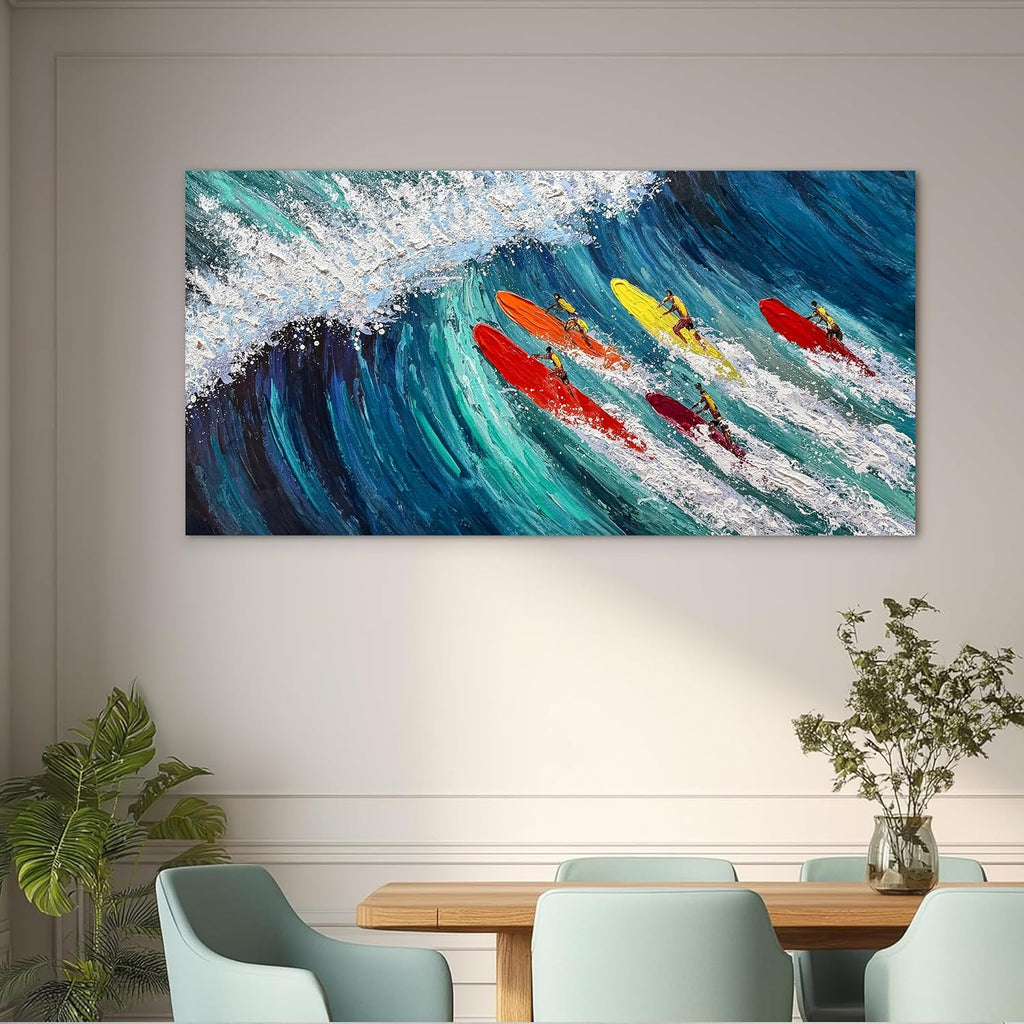 Coastal Canvas Wall Art Large Blue Beach Hand Painted Oil Painting Ocean Wave Wall Art Colorful Surfer Artwork