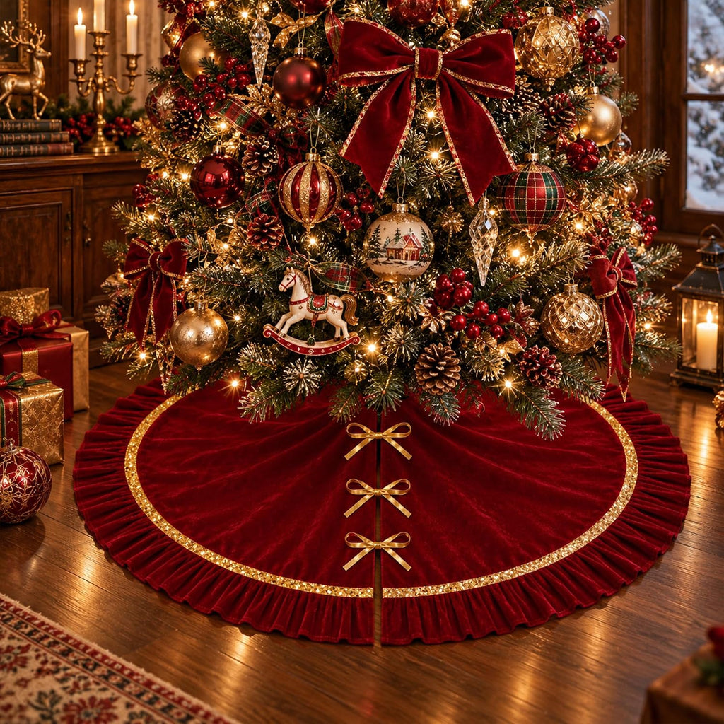 Christmas Tree Skirt Burgundy Velvet Ruffle 48 Inch Xmas Tree Rug Skirt with Gold Sequin Trim Luxury Vintage Tree