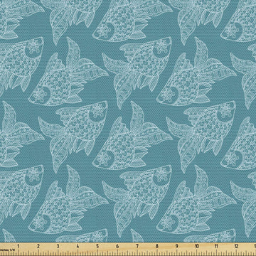 Nautical Fabric by The Yard, Japanese Style Ornamental Fish Silhouettes Underwater Creatures, Decorative Fabric for