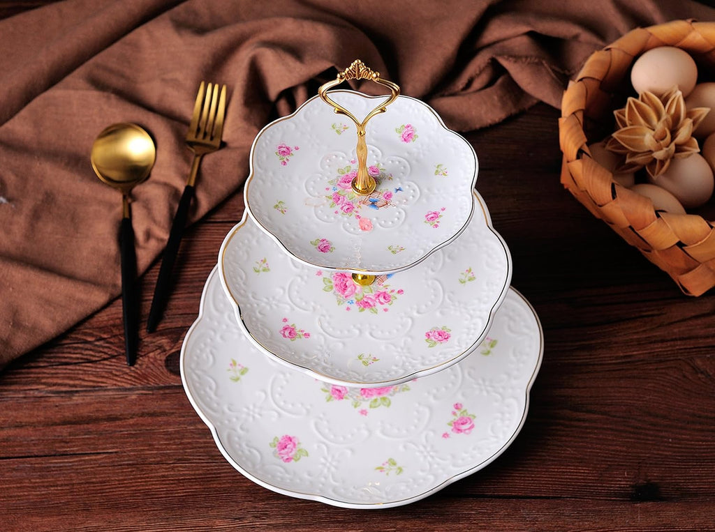 Embossed 3-tier Ceramic Cake Stand- Cupcake Stand with Golden Rim