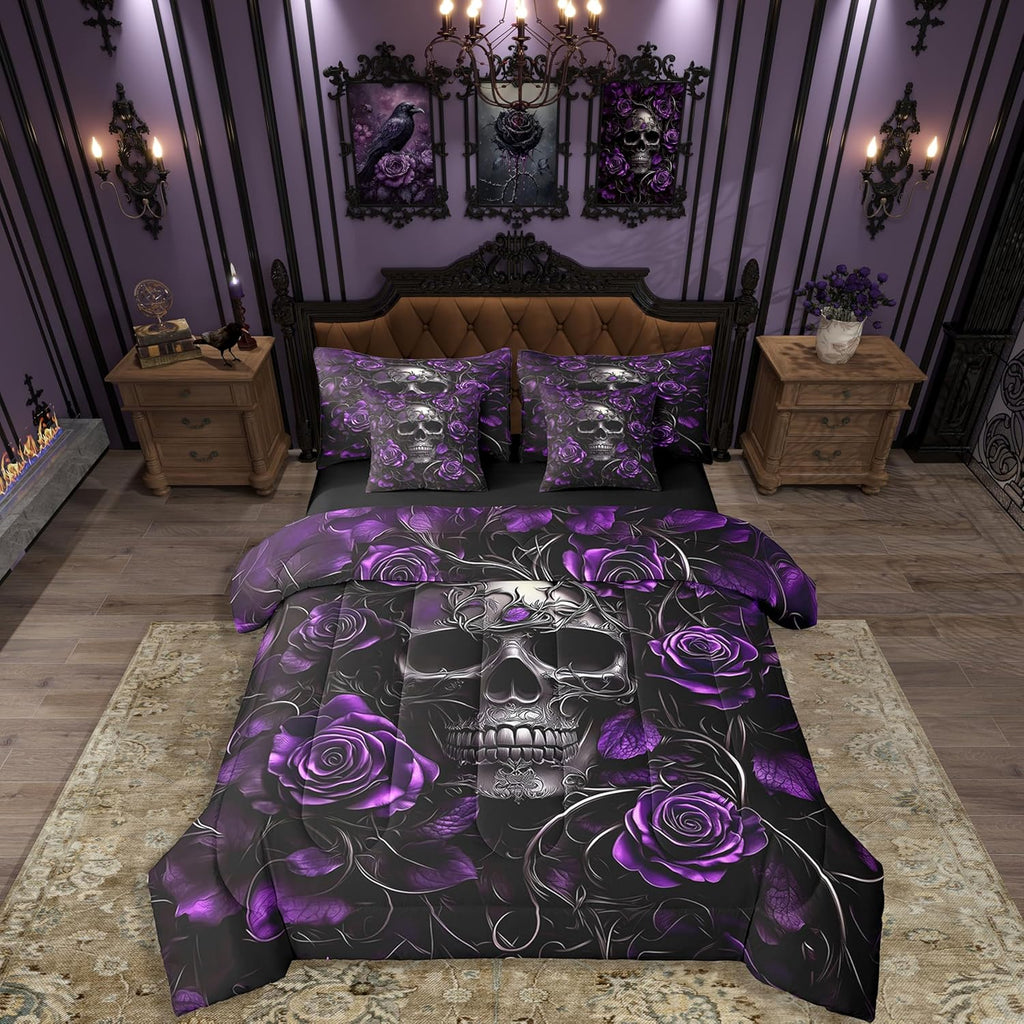 Erosebridal Sugar Skull 7 Pcs Comforter Set Queen,Purple Rose Floral Bedding Set for Kids Boys Girls Teens