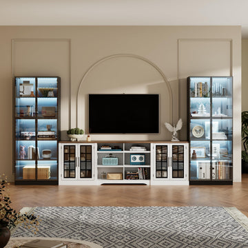 Farmhouse TV Stand for TVs up to 100", Entertainment Center with 2 LED Storage Cabinets, TV Console with Glass Doors