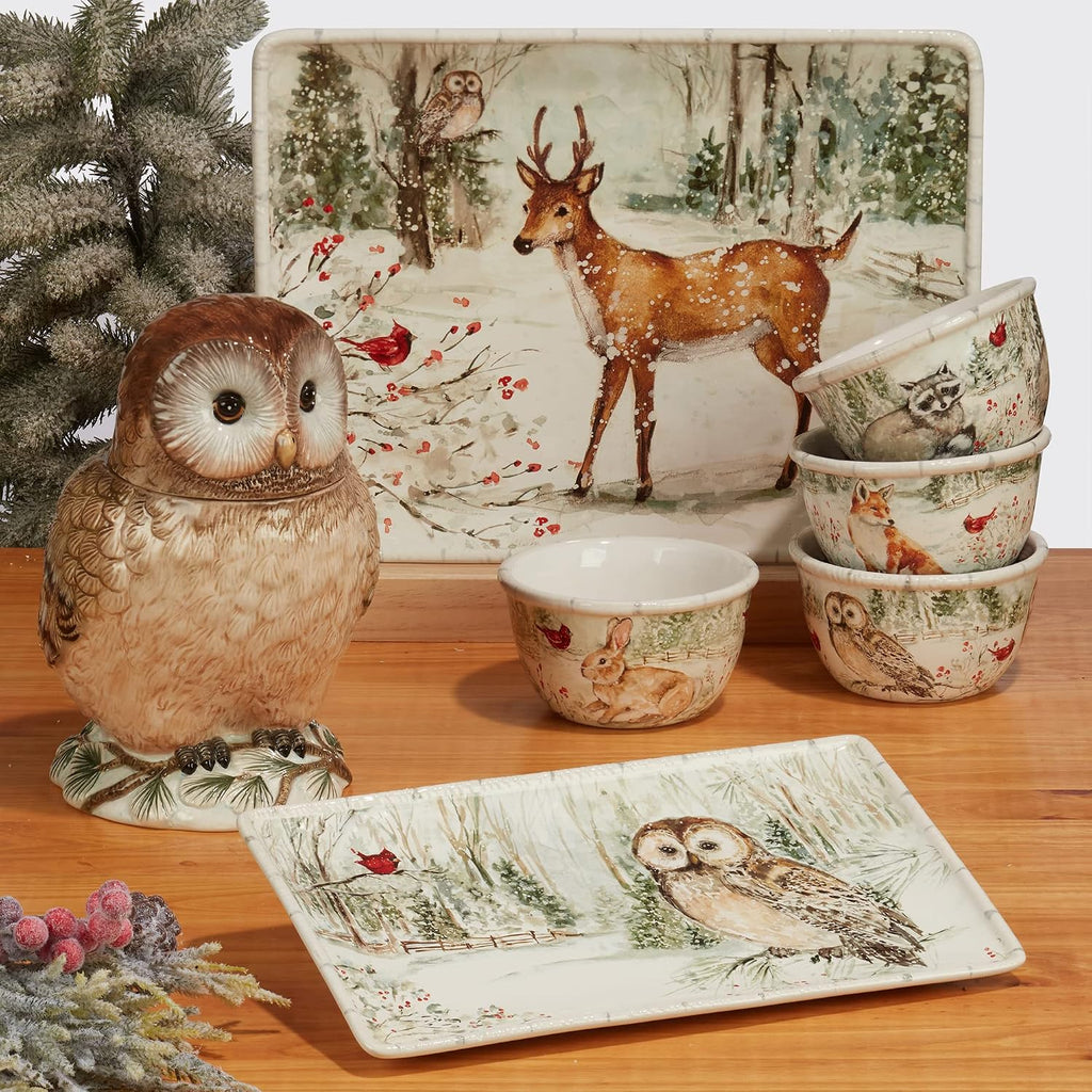 Winter's Walk Ceramic Rectangular Platter - Showcase roasts, appetizers, or desserts on this wintry woodland platter