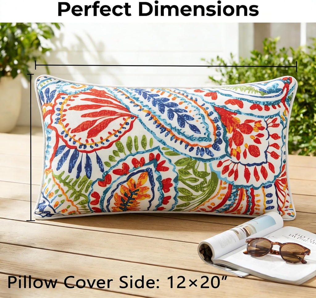Water-Resistant Outdoor Pillows Set of 2, 12x20 inch Durable Colorful Paisley Pattern Throw Pillows with Inserts
