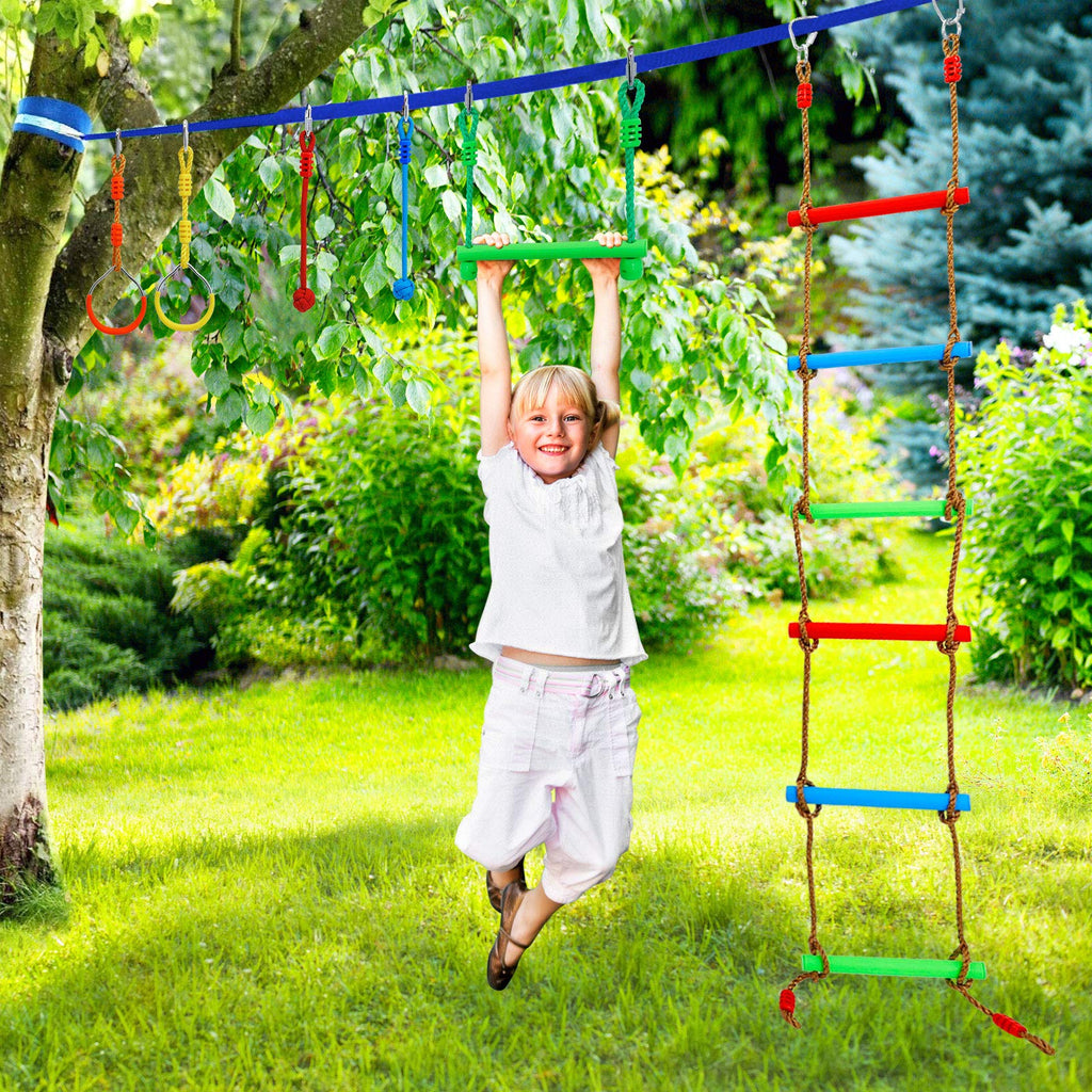 Ninja Warrior Obstacle Course Kit for Kids Ninja Slackline with 10 Accessories Monkey Bars, Ladder, Climbing Rope