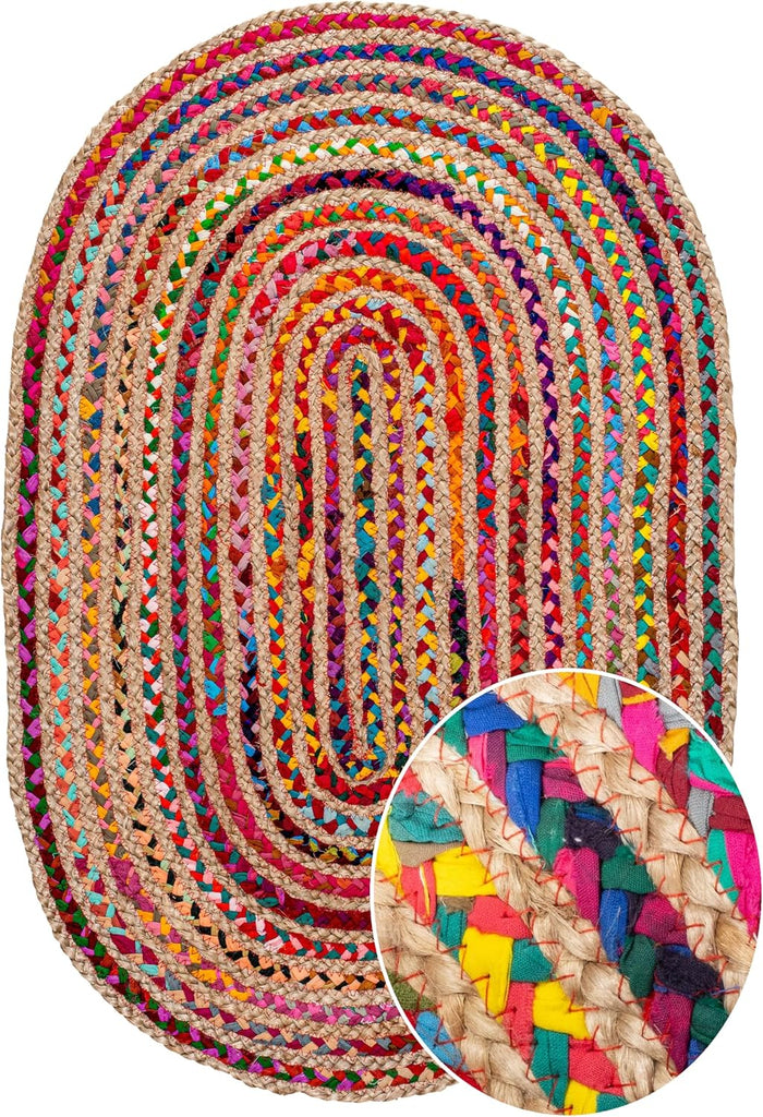 Oval Jute Cotton Chindi Rug 3x5 FT Multicolor Braided Floor Mat