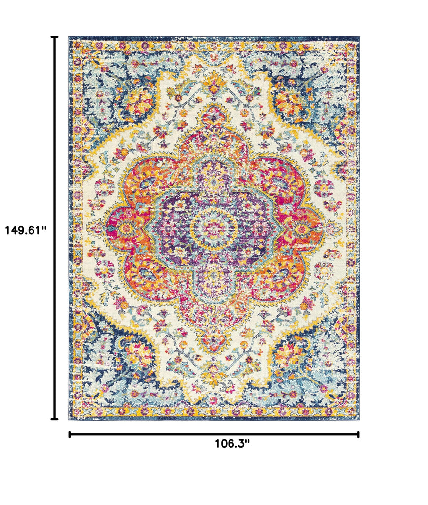 Light Gray Vintage Persian-Style Medallion Large Area Rug Traditional White Fuchsia Mustard Orange Sky Blue Navy