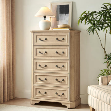Farmhouse 5 Drawers, 48" Tall Wood Rustic Chest of Drawers with Natural Texture, Vintage Design, Storage Dressers
