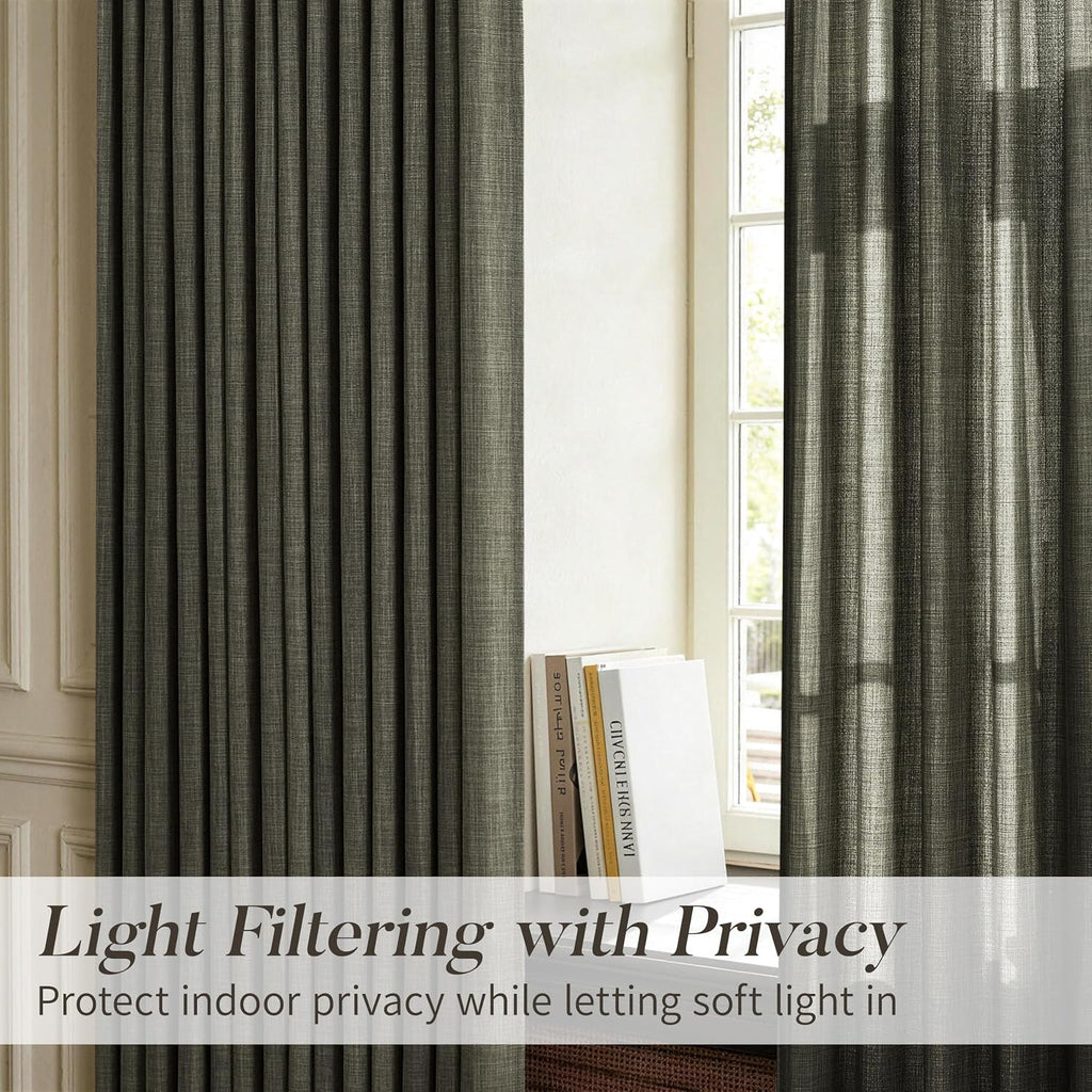 Pinch Pleated Green Linen Curtains (Set of 2 Panels) Light Filtering 86 Inches Long Drapes,Memory Train Shaped Pleat Curtain and Track