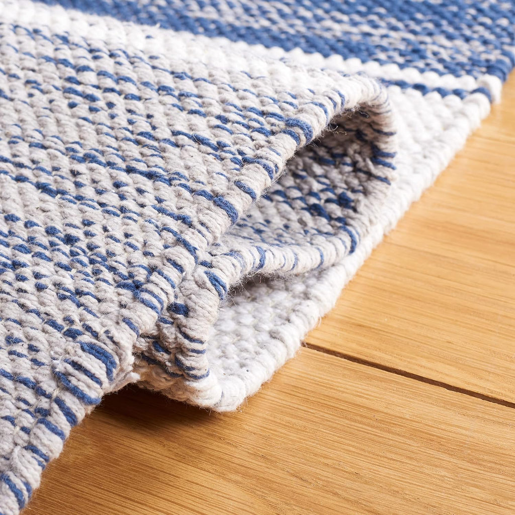 Striped Kilim Collection Area Rug, Grey & Blue, Flat Weave Cotton Design, Easy Care, Ideal for High Traffic