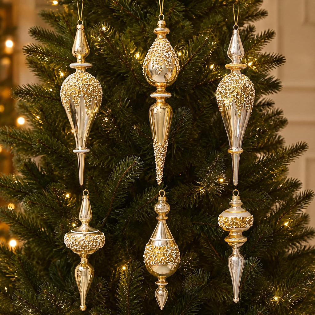 6 Pcs Gold Glass Christmas Icicle Ornaments Xmas Tree Decor