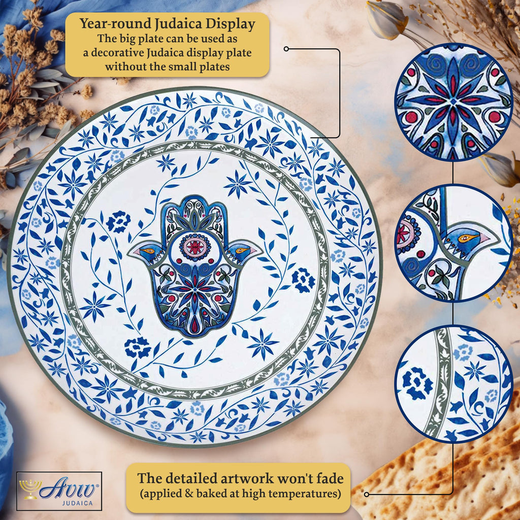 Artistic Passover Seder Dinnerware Set Floral Hamsa Design by Jessica Sporn - Quality Porcelain Round Seder Plate