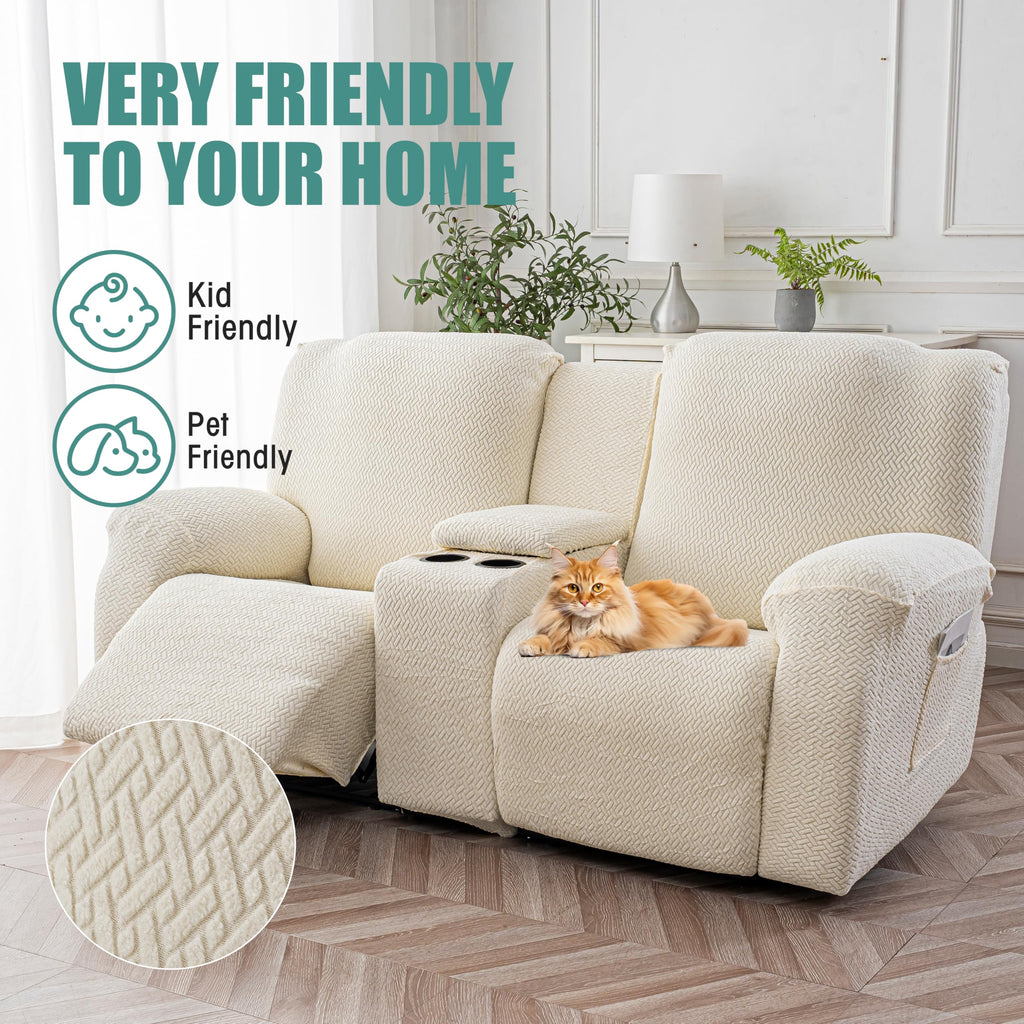 Recliner Loveseat Covers with Console, 2 Seater, Beige