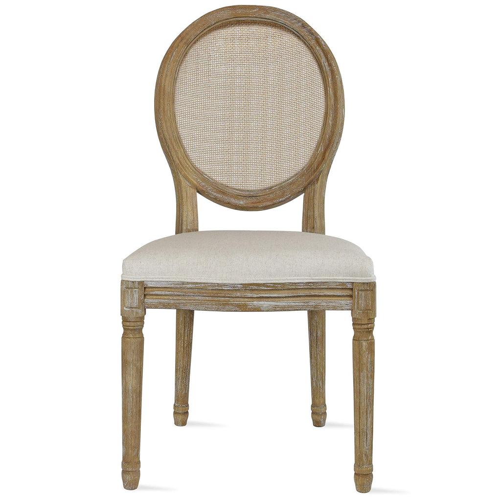 Set of 2 French Country Dining Chairs | Upholstered Linen Welted Padded Fabric with Natural Rustic Wooden Frame