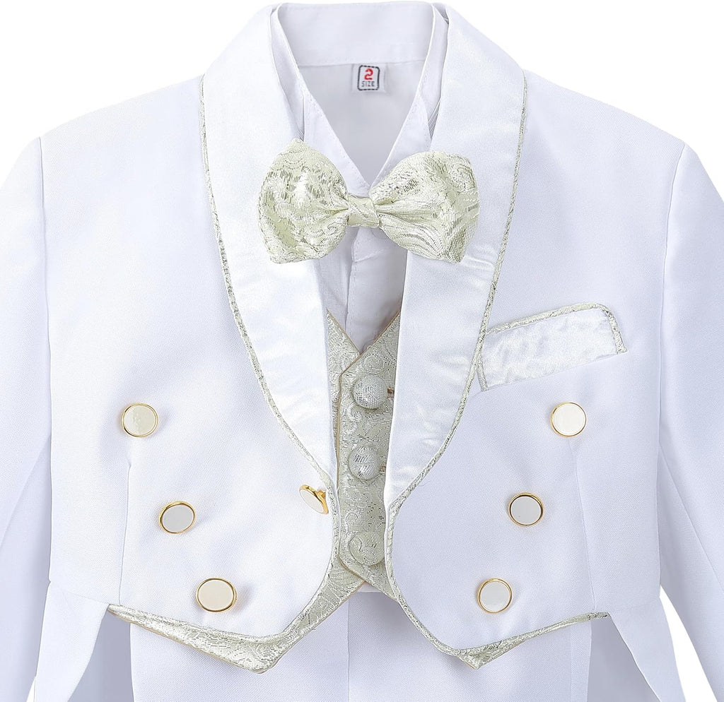 Baby Boy Classic Tuxedo Suit 5 Pcs Set Formal Dress Wear Wedding Outfit with Gold Jacquard Vest, Black/White