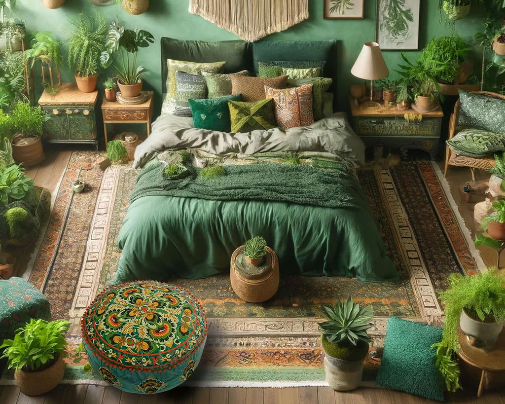 Green Round Velvet Pouf Cover - Soft Embroidered Ottoman Slipcover with Moroccan Design, 24 Inch Diameter, Ideal , or