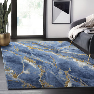 Contemporary Blue & Metallic Gold Area Rug, Non-Shed Modern Rugs Marble Print Dining Room Rug