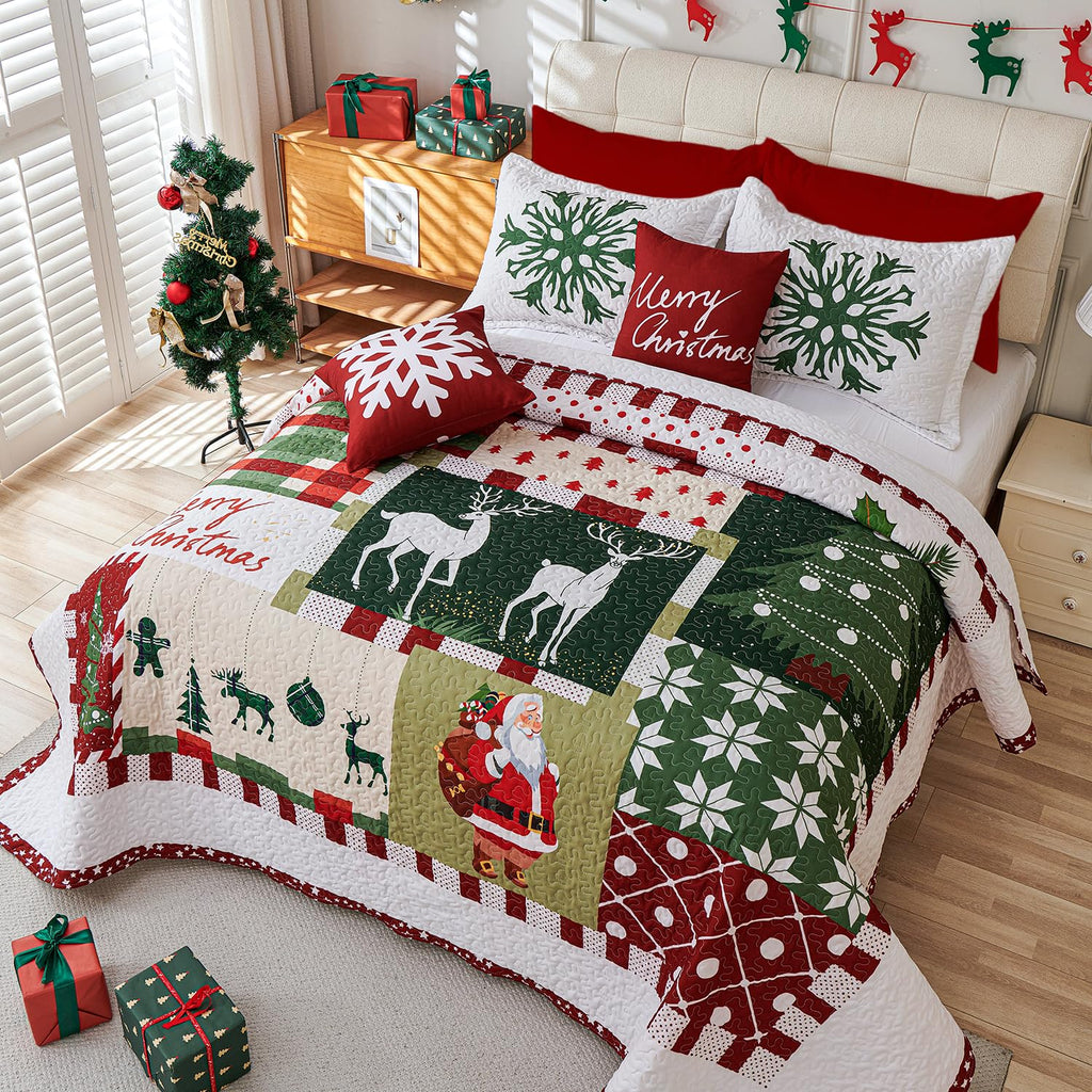 5 Piece Christmas Quilt Set Bedspread Set, Queen Size Christmas Santa Tree Elk Themed Bedding Set, Reversible Christmas