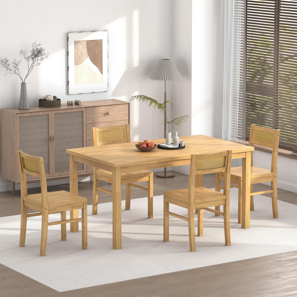 Solid Wood Dining Table Set for 4, 43.3" Dining Table with Chairs Set, Kitchen Dining Table Set with Woven Rattan