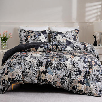 Queen Flower 3 Pcs Duvet Cover Set, Breathable Soft Microfiber Black Lining Comforter Cover with Zipper Closure, and 2 Anti-Pilling, Fade Resistant Pillowcases, Midnight Blossoms