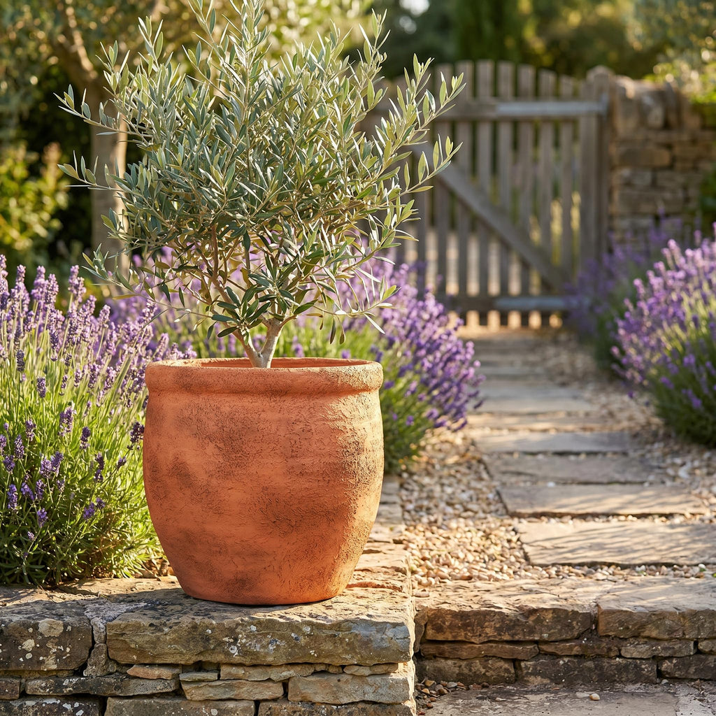 12" Dia Fiberstone Planter - Distressed Terracotta Flower Pot with Textured Matte Finish & Drainage Hole, Rustic