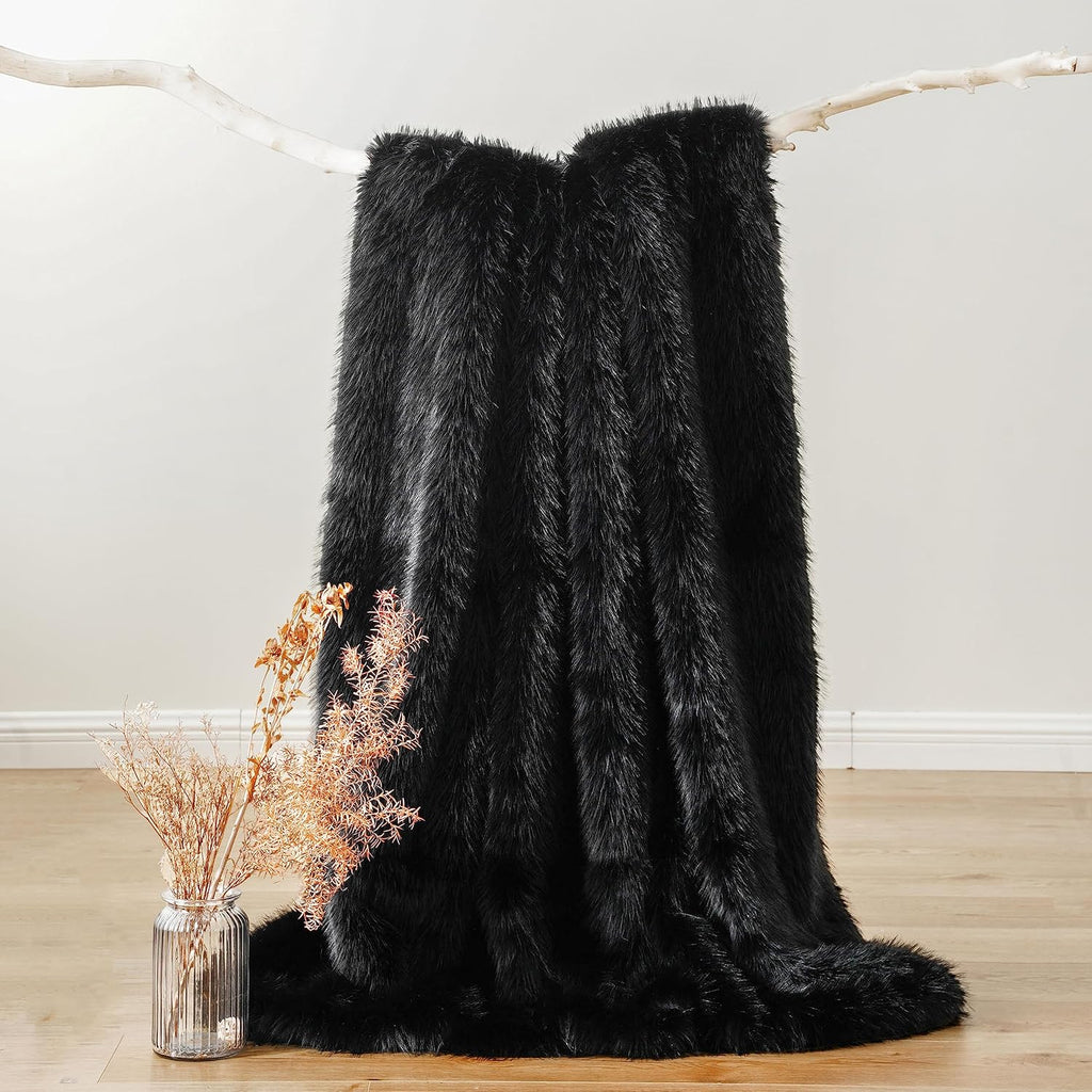 Luxury Fluffy Black Faux Fur Throw Blanket, Black Blanket for Couch, Sofa, Chair, Bed, Plush Fuzzy Cozy Fur Throws
