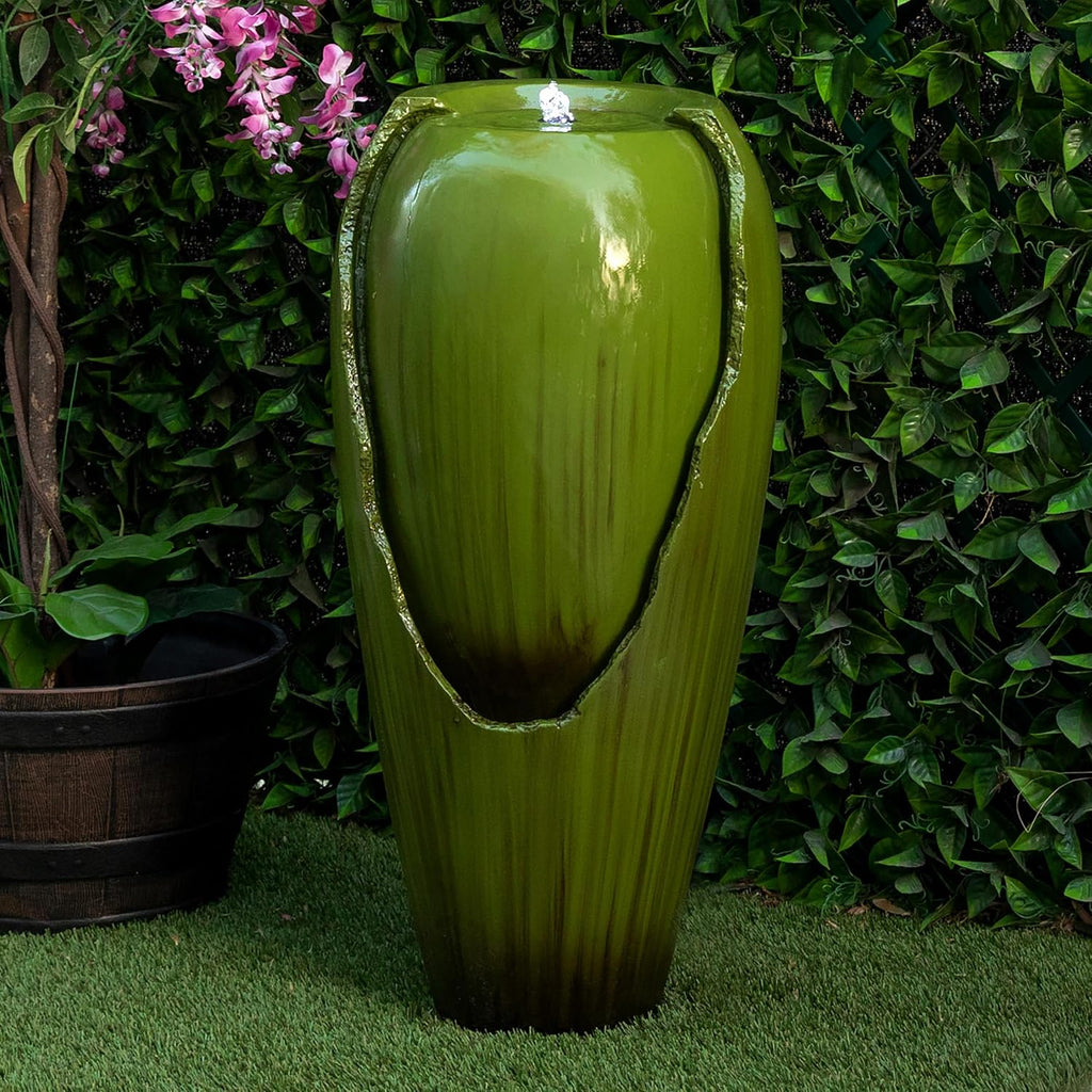 33" Tall Outdoor Vintage Cascading Antique Jar Water Fountain with LED Lights for Gardens, Patios, Yards, Green