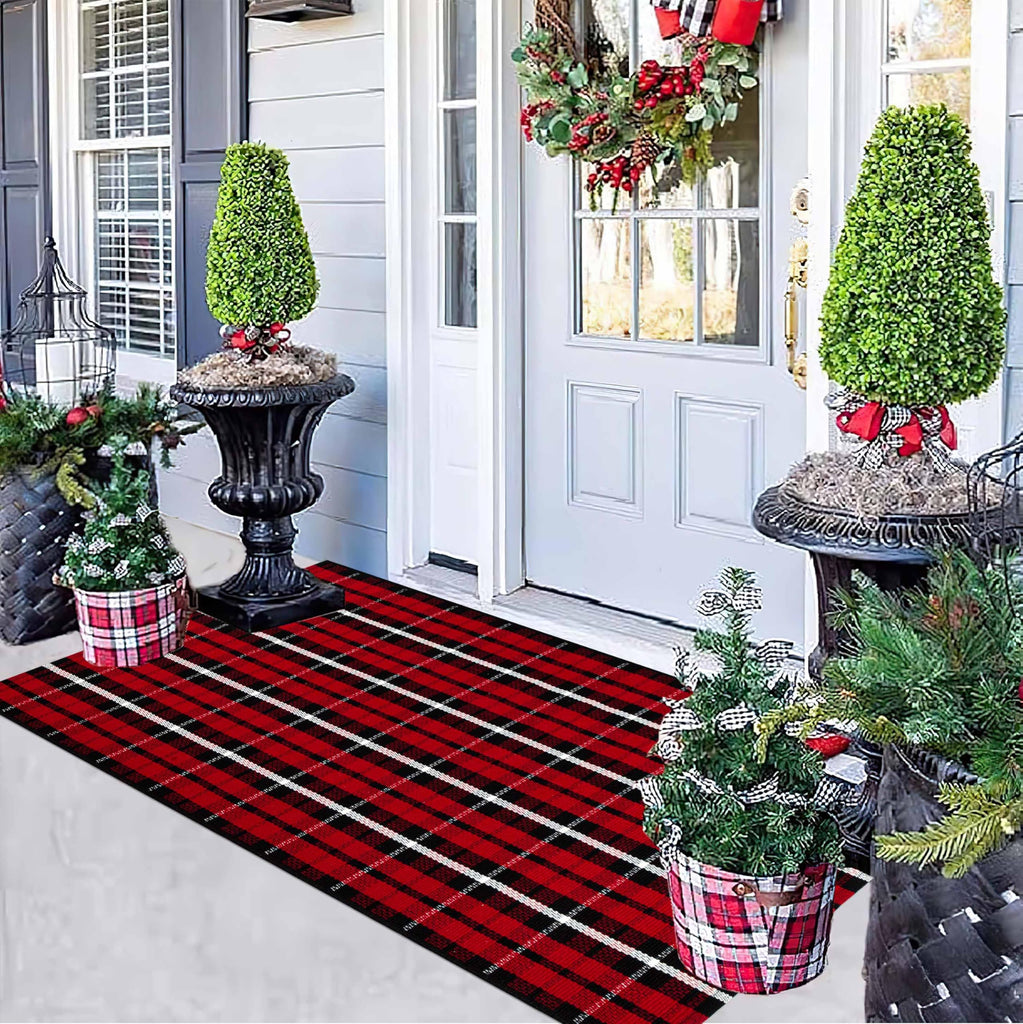 Christmas Outdoor Rugs 24 x 51''Black Red Buffalo Plaid Front Porch Rug Hand-Woven Machine Washable Indoor/Outdoor