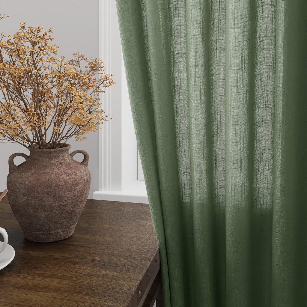 Olive Green Linen Curtains 2 Panels Set 95 Inch Length Back Tab Light Filtering Semi Sheer Curtain Drapes 52x95