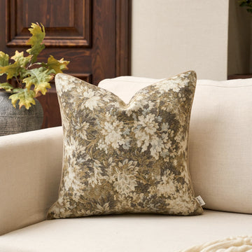 Neutral Floral Pillow Cover 18 x18 Inches, Vintage Chenille Square Throw Pillow Cover Soft Decorative Farmhouse