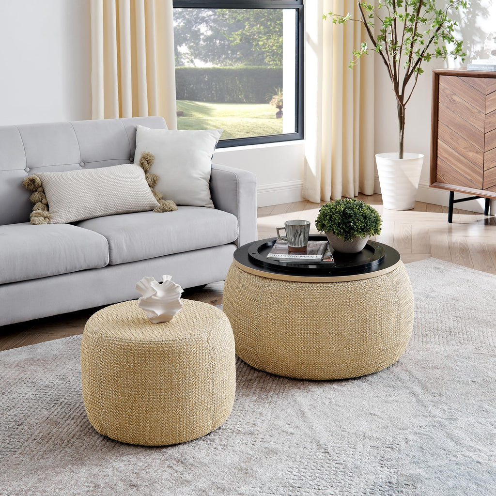 Round Storage Coffee Table Ottoman, Woven Rattan Fabric 2-in-1 Hidden Storage Center Table with Removable Seat