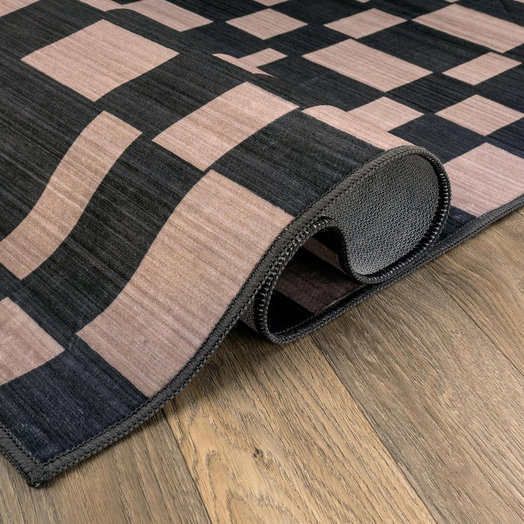 Checkered Machine Washable Non-Slip Area Rug, Dark Gray/Taupe