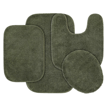 Rug Traditional Nylon Washable Deep Fern 4 Piece Set - Lid, Contour, 2 Bath Rugs - Soft, Absorbent, and Stylish for