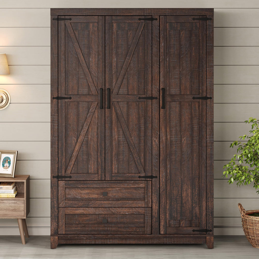 Farmhouse 3 Door Wardrobe Closet with 2 Drawers & Hanging Rod
